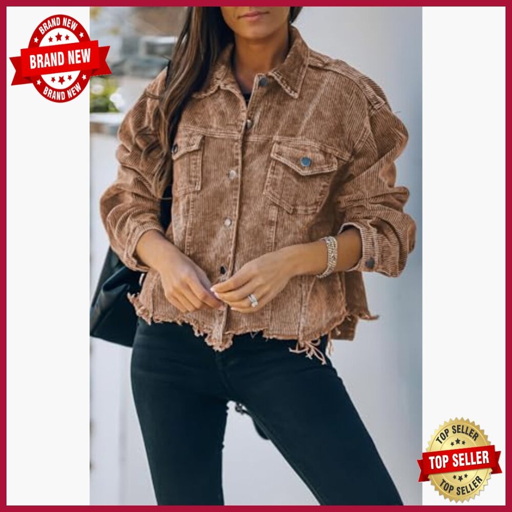 Cropped Corduroy Jacket Oversized Shacket Fringe Hem Casual Button Down - Picture 2 of 7
